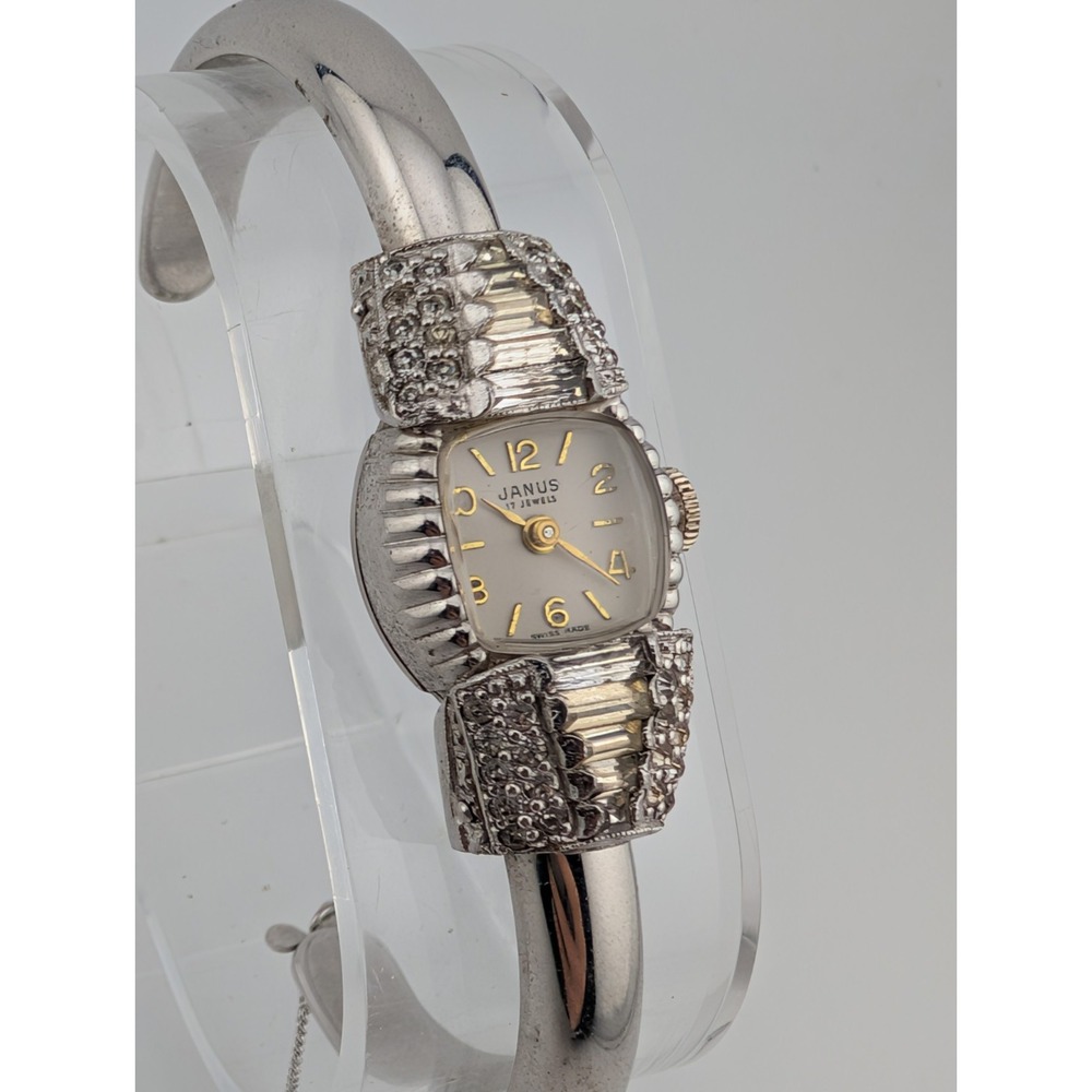 Vintage Janus Mechanical Wach 17 Jewels Crystal Bezel Bangle Band-‎ Working